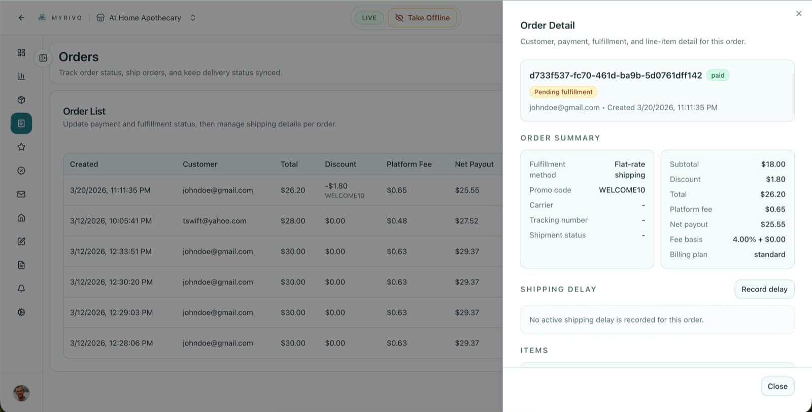 Myrivo order detail flyout showing customer email, fulfillment method, shipping choice, totals, and order status.