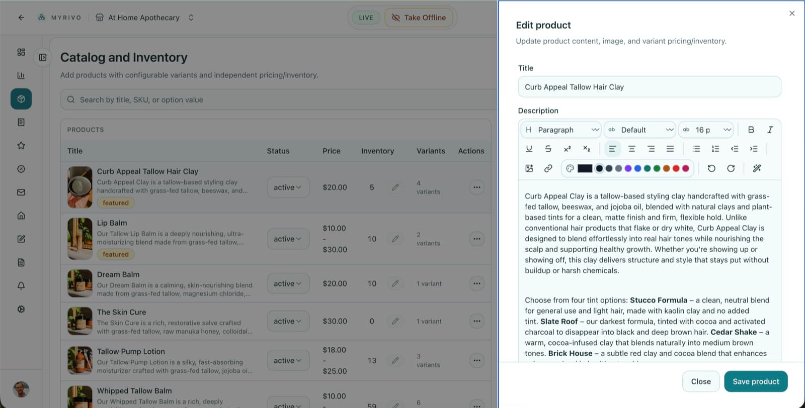 Myrivo product editor flyout over the catalog workspace, showing title, description, and catalog inventory details.
